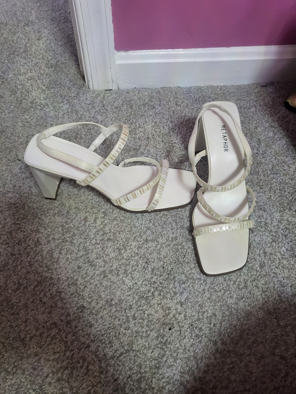 Metaphor Ivory Strappy Mid Heel Sandals with Embellished Straps